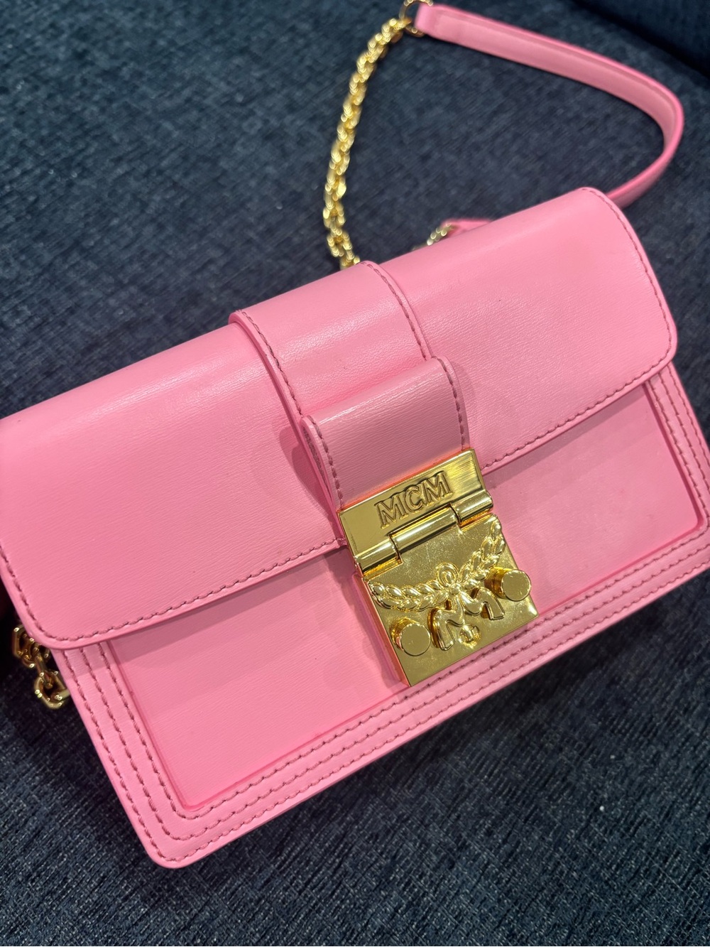 MCM Pink Leather Crossbody with Gold Lock and Chain